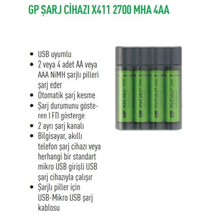 GPX411GS2702UE2  ŞARJ CİHAZI X411 2700 MHA 4AA