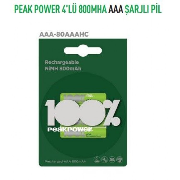 PP80AAAHC2U4 PEAK POWER 4'LÜ 800MHA AAA ŞARJLI PİL