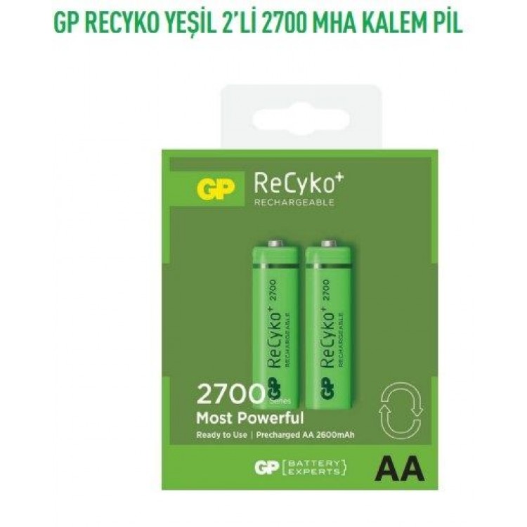 GP270AAHCEMTR-2GB2  RECYKO YEŞİL 2'Lİ 2700 MHA KALEM PİL