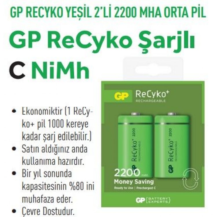 GP220SCHEM2GB2  RECYKO YEŞİL 2'Lİ 2200 MHA ORTA PİL