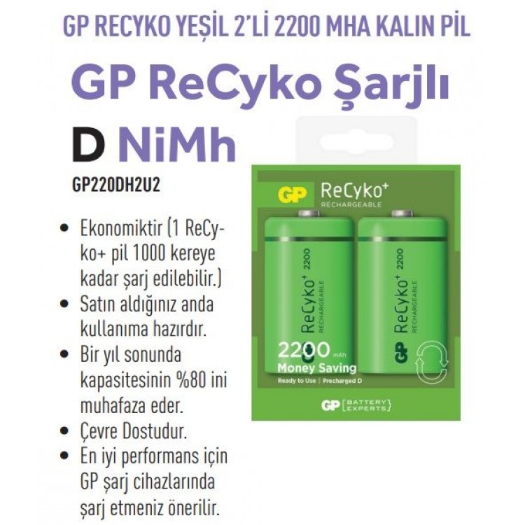 GP220DH2U2  RECYKO YEŞİL 2'Lİ 2200 MHA KALIN PİL